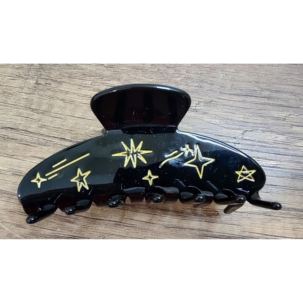 Claw Hair Clip Medium Clamp Black Gold Moon Star Pattern Celestial Z32